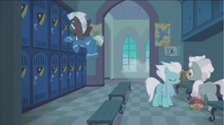 Size: 1000x559 | Tagged: safe, screencap, character:fleetfoot, character:silver lining, character:thunderlane, species:pony, episode:parental glideance, g4, my little pony: friendship is magic, clothing, locker room, uniform, wonderbolts uniform