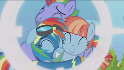Size: 1366x768 | Tagged: safe, screencap, character:bow hothoof, character:rainbow dash, character:windy whistles, species:pony, ship:windyhoof, episode:parental glideance, g4, my little pony: friendship is magic, clothing, hug, rainbow dash's parents, uniform, wonderbolts uniform