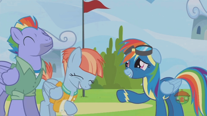 Size: 806x451 | Tagged: safe, screencap, character:bow hothoof, character:rainbow dash, character:windy whistles, species:pegasus, species:pony, ship:windyhoof, episode:parental glideance, g4, my little pony: friendship is magic, animated, clothing, female, gif, goggles, hug, male, rainbow dash's parents, uniform, wonderbolts uniform
