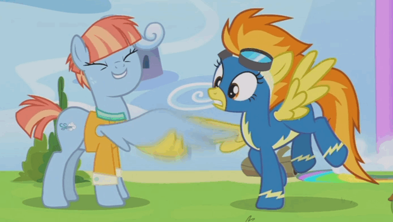 Size: 781x442 | Tagged: safe, screencap, character:spitfire, character:windy whistles, species:pony, episode:parental glideance, g4, my little pony: friendship is magic, animated, clothing, gif, goggles, uniform, wing hands, wing shake, wonderbolts uniform