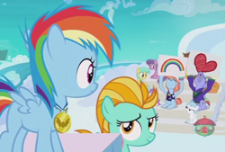 Size: 676x457 | Tagged: safe, screencap, character:bow hothoof, character:lightning dust, character:rainbow dash, character:windy whistles, species:pony, ship:windyhoof, episode:parental glideance, g4, my little pony: friendship is magic, medal, podium, rainbow dash's parents, velvet light, younger