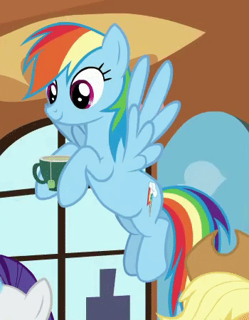 Size: 350x450 | Tagged: safe, screencap, character:applejack, character:rainbow dash, character:rarity, species:pony, episode:fluttershy leans in, g4, my little pony: friendship is magic, animated, cropped, cup, cute, dashabetes, drink, flying, food, gif, hoof hold, loop, solo focus, tea, teacup