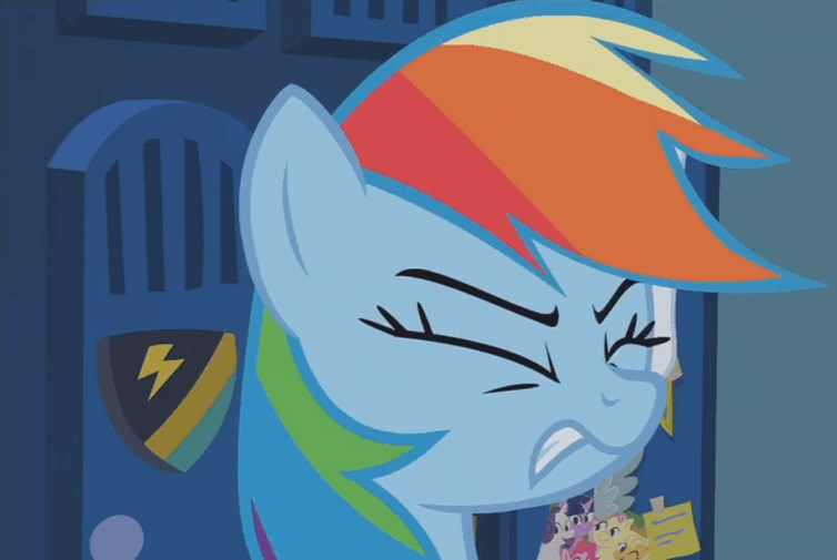 Size: 754x505 | Tagged: safe, screencap, character:rainbow dash, species:pony, episode:parental glideance, g4, my little pony: friendship is magic, angry, animated, cropped, gif, locker room, quiet, ragebow dash, rainbow dash is best facemaker, solo, stop