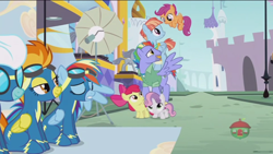 Size: 1600x900 | Tagged: safe, screencap, character:apple bloom, character:bow hothoof, character:fleetfoot, character:rainbow dash, character:scootaloo, character:spitfire, character:sweetie belle, character:windy whistles, species:pegasus, species:pony, ship:windyhoof, episode:parental glideance, g4, my little pony: friendship is magic, clothing, cutie mark crusaders, photo shoot, rainbow dash's parents, tower of pony, uniform, wonderbolts, wonderbolts uniform
