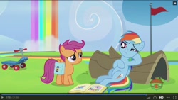 Size: 1600x900 | Tagged: safe, screencap, character:rainbow dash, character:scootaloo, species:pegasus, species:pony, episode:parental glideance, g4, my little pony: friendship is magic, log, rainbow, rainbow fall, saddle bag, scooter, scrapbook
