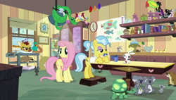 Size: 1920x1090 | Tagged: safe, screencap, character:angel bunny, character:clementine, character:doctor fauna, character:fluttershy, character:tank, species:bat, species:bird, species:duck, species:mallard, species:parrot, species:pegasus, species:pony, species:rabbit, episode:fluttershy leans in, g4, my little pony: friendship is magic, animal, beaver, canada goose, chipmunk, common loon, fruit bat, giraffe, goose, keel-billed toucan, koala, lola the sloth, loon, meadowlark (bird), mouse, sloth, snake, squirrel, tortoise, toucan