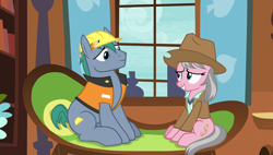 Size: 1920x1090 | Tagged: safe, screencap, character:hard hat, character:wrangler, species:pony, episode:fluttershy leans in, g4, my little pony: friendship is magic, clothing, duo, hard hat, hat, skunk stripe