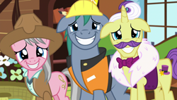 Size: 1920x1090 | Tagged: safe, screencap, character:dandy grandeur, character:hard hat, character:wrangler, species:pony, episode:fluttershy leans in, g4, my little pony: friendship is magic, floppy ears, grin, nervous, nervous grin, smiling