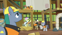 Size: 1920x1090 | Tagged: safe, screencap, character:ambrosia, character:hard hat, species:pony, episode:fluttershy leans in, g4, my little pony: friendship is magic, construction pony, jack hammer, rivet, steam roller (character)