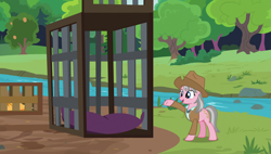 Size: 1920x1090 | Tagged: safe, screencap, character:wrangler, species:pony, episode:fluttershy leans in, g4, my little pony: friendship is magic, cage, skunk stripe, solo