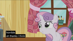 Size: 2560x1440 | Tagged: safe, screencap, character:sweetie belle, species:pony, episode:forever filly, g4, my little pony: friendship is magic, meme, solo, treehouse, youtube caption