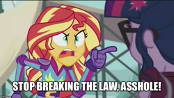 Size: 800x450 | Tagged: safe, screencap, character:sunset shimmer, character:twilight sparkle, character:twilight sparkle (scitwi), species:eqg human, equestria girls:friendship games, g4, my little pony:equestria girls, angry, exploitable meme, image macro, jim carrey, liar liar, meme, sunset yells at twilight, vulgar