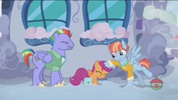 Size: 1280x720 | Tagged: safe, screencap, character:bow hothoof, character:scootaloo, character:windy whistles, species:pegasus, species:pony, ship:windyhoof, episode:parental glideance, g4, my little pony: friendship is magic, noogie, petting, rainbow dash's parents, scootalove