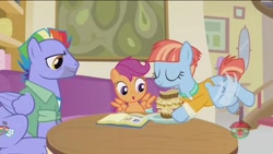 Size: 1280x720 | Tagged: safe, screencap, character:bow hothoof, character:scootaloo, character:windy whistles, species:pegasus, species:pony, ship:windyhoof, episode:parental glideance, g4, my little pony: friendship is magic, food, pasta and potato sandwich on sourdough, rainbow dash's parents, sandwich, scrapbook, table