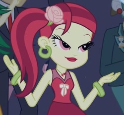 Size: 405x376 | Tagged: safe, screencap, character:scott green, episode:shake your tail, g4, my little pony:equestria girls, background human, bracelet, cropped, ear piercing, earring, fall formal outfits, flower, flower in hair, heart, jewelry, lidded eyes, necklace, piercing, rose heart, sand dial, scott green, sweet leaf, teddy t. touchdown