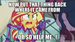 Size: 600x337 | Tagged: safe, screencap, character:sunset shimmer, character:twilight sparkle, character:twilight sparkle (scitwi), species:eqg human, equestria girls:friendship games, g4, my little pony:equestria girls, angry, exploitable meme, image macro, meme, monsters inc., sunset yells at twilight