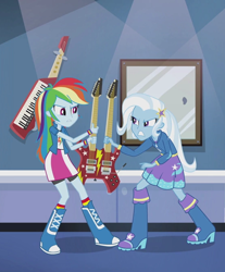 Size: 558x674 | Tagged: safe, screencap, character:rainbow dash, character:trixie, episode:guitar centered, equestria girls:rainbow rocks, g4, my little pony:equestria girls, angry, boots, bracelet, clothing, compression shorts, cropped, double neck guitar, electric guitar, guitar, high heel boots, hoodie, jacket, jewelry, keytar, musical instrument, skirt, socks, wristband