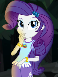 Size: 540x720 | Tagged: safe, screencap, character:rarity, equestria girls:legend of everfree, g4, my little pony:equestria girls, bracelet, camp everfree logo, camp everfree outfits, clothing, cropped, cute, hand on mouth, jewelry, looking at you, raribetes, shorts, solo