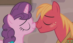 Size: 981x573 | Tagged: safe, screencap, character:big mcintosh, character:sugar belle, species:earth pony, species:pony, species:unicorn, ship:sugarmac, episode:hard to say anything, g4, my little pony: friendship is magic, boop, female, kissing, male, mare, noseboop, shipping, stallion, straight, treehouse logo