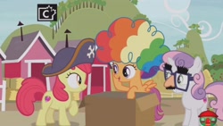 Size: 1920x1080 | Tagged: safe, screencap, character:apple bloom, character:scootaloo, character:sweetie belle, species:pegasus, species:pony, episode:hard to say anything, g4, my little pony: friendship is magic, agent rainbow head, box, clothing, clown wig, cutie mark crusaders, disguise, dressup, groucho mask, hat, pirate hat, shimmering spectacles, spyrate