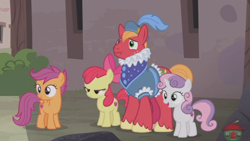 Size: 1920x1080 | Tagged: safe, screencap, character:apple bloom, character:big mcintosh, character:scootaloo, character:sweetie belle, species:earth pony, species:pegasus, species:pony, episode:hard to say anything, g4, my little pony: friendship is magic, cutie mark crusaders, dressup, male, prince outfit, ruff (clothing), stallion