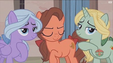 Size: 457x257 | Tagged: safe, screencap, character:dear darling, character:fond feather, character:swoon song, species:earth pony, species:pegasus, species:pony, species:unicorn, episode:hard to say anything, g4, my little pony: friendship is magic, animated, background pony, bimbettes, bow, female, gif, hair bow, laughing, laughingmares.jpg, one eye closed, tail bow, trio, trio female, waving, wink