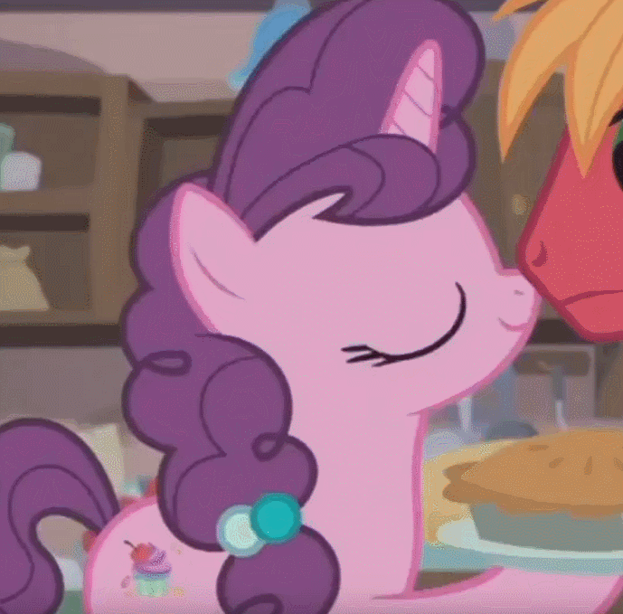 Size: 689x679 | Tagged: safe, screencap, character:big mcintosh, character:sugar belle, species:pony, species:unicorn, episode:hard to say anything, g4, my little pony: friendship is magic, animated, boop, cute, food, gif, hnnng, laughing, noseboop, pie, sugarbetes
