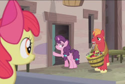 Size: 1512x1022 | Tagged: safe, screencap, character:apple bloom, character:big mcintosh, character:sugar belle, species:earth pony, species:pony, species:unicorn, episode:hard to say anything, g4, my little pony: friendship is magic, apple, basket, bedroom eyes, bushel basket, door, female, filly, food, lidded eyes, male, mare, mid-blink screencap, mouth hold, out of context, stallion, young