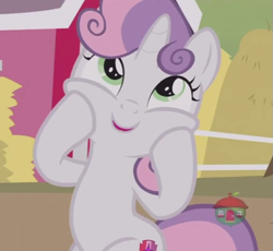 Size: 519x477 | Tagged: safe, screencap, character:sweetie belle, species:pony, species:unicorn, episode:hard to say anything, g4, my little pony: friendship is magic, cute, diasweetes, female, filly, hooves on cheeks, open mouth, smiling, solo, squishy cheeks, sweetie belle is a marshmallow too