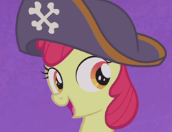 Size: 620x477 | Tagged: safe, screencap, character:apple bloom, species:pony, episode:hard to say anything, g4, my little pony: friendship is magic, clothing, hat, pirate bloom, pirate hat, solo, spyrate
