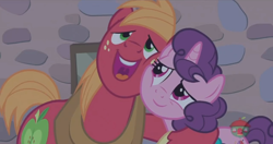 Size: 1366x722 | Tagged: safe, screencap, character:big mcintosh, character:sugar belle, species:earth pony, species:pony, ship:sugarmac, episode:hard to say anything, g4, my little pony: friendship is magic, cuddling, embrace, female, hug, huzzle, male, mare, rubbing cheeks, shipping, singing, stallion, straight