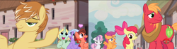 Size: 1920x540 | Tagged: safe, screencap, character:apple bloom, character:big mcintosh, character:dear darling, character:feather bangs, character:fond feather, character:scootaloo, character:sweetie belle, character:swoon song, species:earth pony, species:pegasus, species:pony, episode:hard to say anything, g4, my little pony: friendship is magic, bimbettes, cutie mark crusaders, female, male, stallion, straight, swoon
