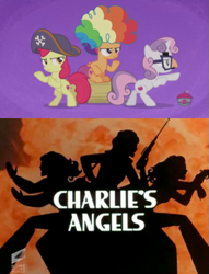 Size: 399x523 | Tagged: safe, screencap, character:apple bloom, character:scootaloo, character:sweetie belle, species:pegasus, species:pony, episode:hard to say anything, g4, my little pony: friendship is magic, agent rainbow head, bipedal, charlie's angels, clothing, comparison, cutie mark, cutie mark crusaders, female, filly, groucho mask, hat, pirate hat, shimmering spectacles, spyrate, the cmc's cutie marks, wig