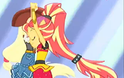 Size: 1455x921 | Tagged: safe, screencap, character:applejack, character:sunset shimmer, equestria girls:dance magic, g4, my little pony:equestria girls, alternate hairstyle, clothing, dancing, duo, eyes closed, female, hat, ponied up, skirt