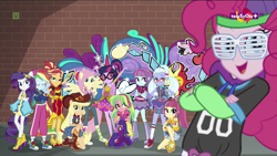 Size: 1600x900 | Tagged: safe, screencap, character:applejack, character:fluttershy, character:lemon zest, character:pinkie pie, character:rainbow dash, character:rarity, character:sour sweet, character:sugarcoat, character:sunny flare, character:sunset shimmer, character:twilight sparkle, character:twilight sparkle (scitwi), species:eqg human, equestria girls:dance magic, g4, my little pony:equestria girls, alternate hairstyle, boots, clothing, converse, dance magic (song), dress, eyes closed, female, glasses, graffiti, high heel boots, humane five, humane seven, humane six, lidded eyes, ponied up, rapper dash, rapper pie, scitwilicorn, shoes, shutter shades, skirt, socks, street ballet, street ballet tutu, teletoon