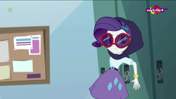Size: 1600x900 | Tagged: safe, screencap, character:rarity, equestria girls:dance magic, g4, my little pony:equestria girls, crystal prep academy, female, lockers, sneaking, solo, sunglasses, television