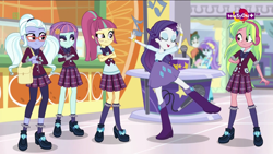 Size: 1600x900 | Tagged: safe, screencap, character:aqua blossom, character:lemon zest, character:rarity, character:scott green, character:sour sweet, character:sugarcoat, character:sunny flare, equestria girls:dance magic, g4, my little pony:equestria girls, background human, bag, boots, bow tie, bracelet, clothing, crossed arms, crystal prep academy uniform, cute, eyes closed, freckles, glasses, headphones, high heel boots, high heels, jewelry, leggings, microphone, music notes, pigtails, pleated skirt, ponytail, raised leg, school uniform, scott green, shoes, skirt, socks, teletoon, twintails