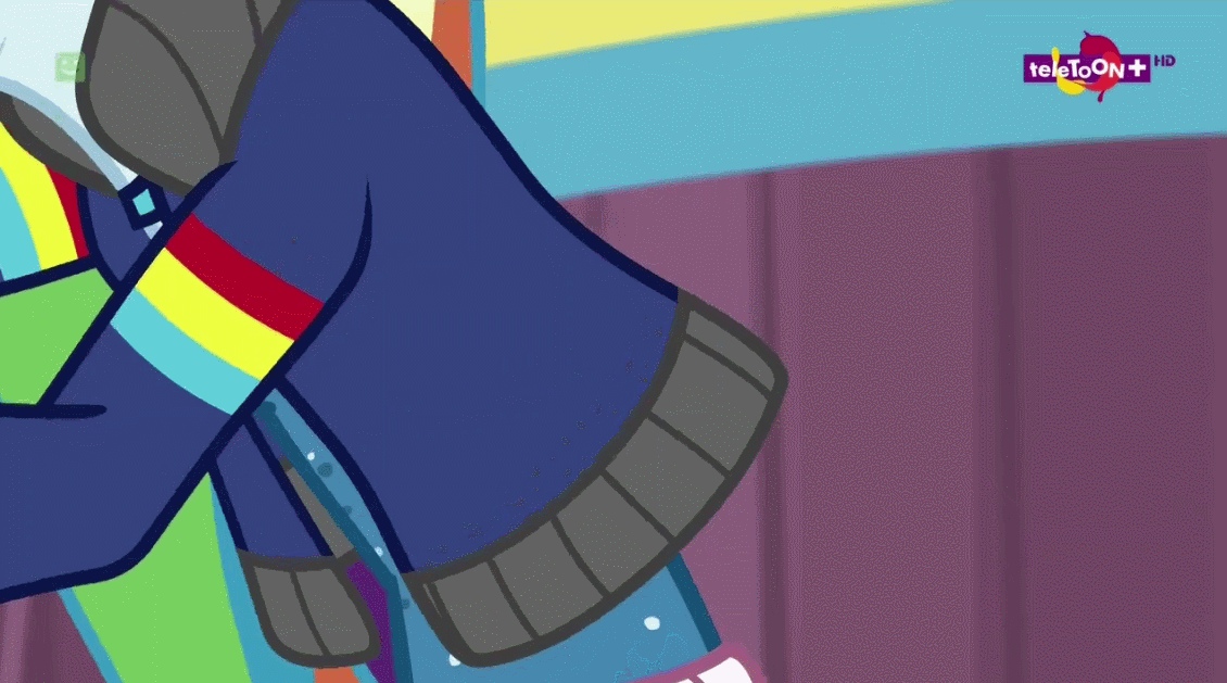 Size: 1130x629 | Tagged: safe, screencap, character:rainbow dash, character:sunset shimmer, equestria girls:dance magic, g4, my little pony:equestria girls, animated, clothing, gif, high heels, rapper dash, ripping clothes, shoes, teletoon