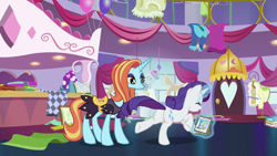 Size: 1280x720 | Tagged: safe, screencap, character:rarity, character:sassy saddles, species:pony, episode:forever filly, g4, my little pony: friendship is magic, female, magic, mare, plot, telekinesis