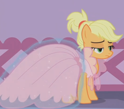 Size: 1054x927 | Tagged: safe, screencap, character:applejack, species:pony, episode:honest apple, g4, my little pony: friendship is magic, alternate hairstyle, clothing, cropped, cute, dress, solo