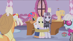 Size: 1234x694 | Tagged: safe, screencap, character:applejack, character:inky rose, character:lily lace, character:photo finish, character:starstreak, species:pony, episode:honest apple, g4, my little pony: friendship is magic, out of context, tied up