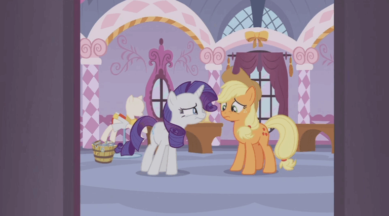 Size: 768x428 | Tagged: safe, screencap, character:applejack, character:rarity, species:earth pony, species:pony, species:unicorn, episode:honest apple, g4, my little pony: friendship is magic, animated, crying, gif, marshmelodrama, sad