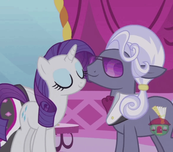 Size: 575x505 | Tagged: safe, screencap, character:hoity toity, character:rarity, species:pony, episode:honest apple, g4, my little pony: friendship is magic, air kiss, animated, gif, greeting, kiss on the cheek, kissing, la bise, not shipping, platonic kiss, treehouse logo