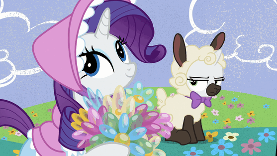 Size: 557x313 | Tagged: safe, screencap, character:rarity, character:sweetie belle, species:pony, species:unicorn, episode:forever filly, g4, my little pony: friendship is magic, animal costume, animated, blinking, clothing, costume, cute, eggbelle, female, filly, flower costume, flowerity, frog costume, gif, glimmer wings, looking at you, loop, mare, one eye closed, photo shoot, raised hoof, raribetes, rarichicken, ribbity, seedie belle, sheepie belle, squishy cheeks, sweetie belle is not amused, tadpole belle, unamused, wink