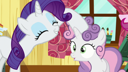 Size: 1280x720 | Tagged: safe, screencap, character:rarity, character:sweetie belle, species:pony, episode:forever filly, g4, my little pony: friendship is magic, messy mane, noogie
