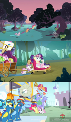 Size: 1280x2192 | Tagged: safe, screencap, character:apple bloom, character:bow hothoof, character:fleetfoot, character:rainbow dash, character:rarity, character:scootaloo, character:spitfire, character:sweetie belle, character:windy whistles, species:earth pony, species:pegasus, species:pony, species:unicorn, ship:windyhoof, episode:family appreciation day, episode:parental glideance, episode:sleepless in ponyville, g4, my little pony: friendship is magic, camping outfit, carrying, cutie mark crusaders, female, filly, hub logo, male, mare, pulling, rainbow dash's parents, stallion, strong, tower of pony, treehouse logo