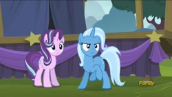 Size: 1280x720 | Tagged: safe, screencap, character:starlight glimmer, character:trixie, species:pony, episode:no second prances, g4, my little pony: friendship is magic, discovery family logo
