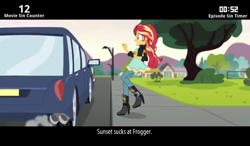 Size: 1024x600 | Tagged: safe, screencap, character:sunset shimmer, equestria girls:friendship games, g4, my little pony:equestria girls, boots, car, cinemare sins, clothing, everything wrong with friendship games, fence, high heel boots, jacket, leather jacket, meme, raised leg, sidewalk, solo, streetlight, text, tree