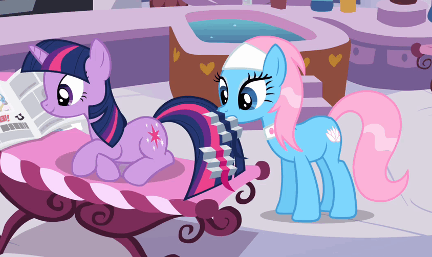 Size: 844x503 | Tagged: safe, screencap, character:lotus blossom, character:twilight sparkle, character:twilight sparkle (unicorn), species:earth pony, species:pony, species:unicorn, episode:ponyville confidential, g4, my little pony: friendship is magic, animated, carousel boutique, duo, female, gif, hair curlers, mare, newspaper, pampering