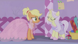 Size: 1366x768 | Tagged: safe, screencap, character:applejack, character:lily lace, character:rarity, species:pony, episode:honest apple, g4, my little pony: friendship is magic, alternate hairstyle, clothing, cropped, cute, dress, see-through